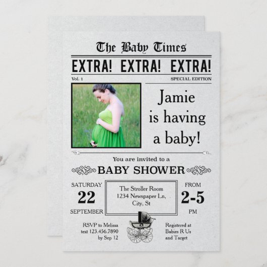 krant Baby shower Uitnodiging (Voorkant / Achterkant)