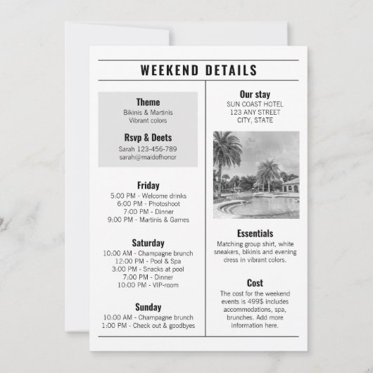 Krant Chic Bachelorette Weekend Route Kaart (Achterkant)