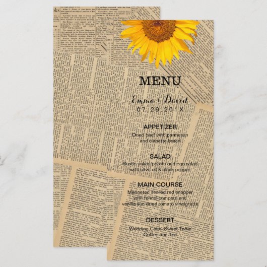 krant Country Sunflower Wedding Menu (Voorkant / Achterkant)