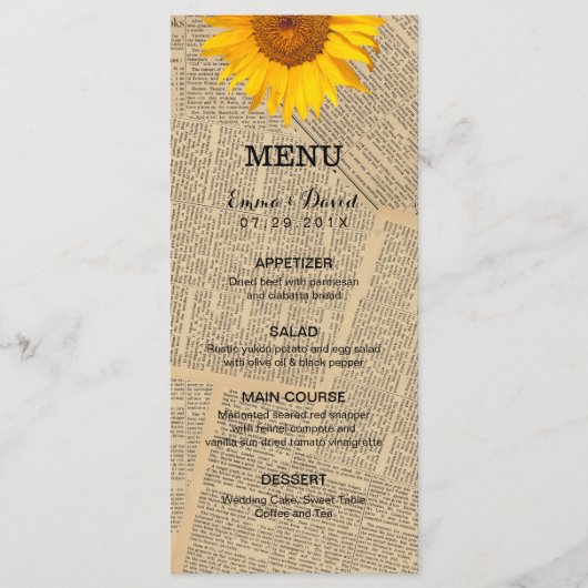  krant Country Sunflower Wedding Menu (Voorkant)