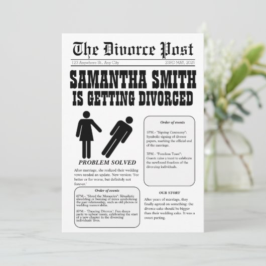 Krant echtscheiding uitnodiging: Probleem opgelost Kaart (Staand voorkant)