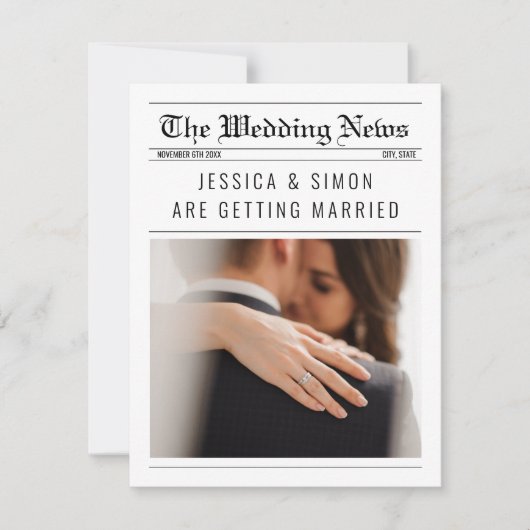 Krant Elegante Unieke Foto Details Bruiloft Kaart (Voorkant)