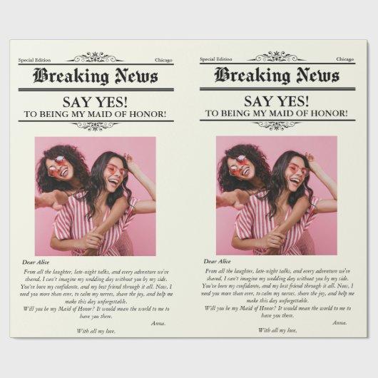 Krant Flower Wrap Photo Maid of Honor Cadeaupapier (Vlak)