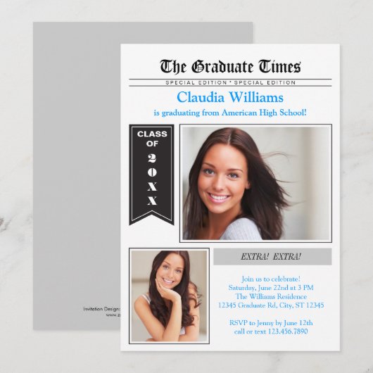 Krant Foto Afstuderen Uitnodiging (Voorkant / Achterkant)