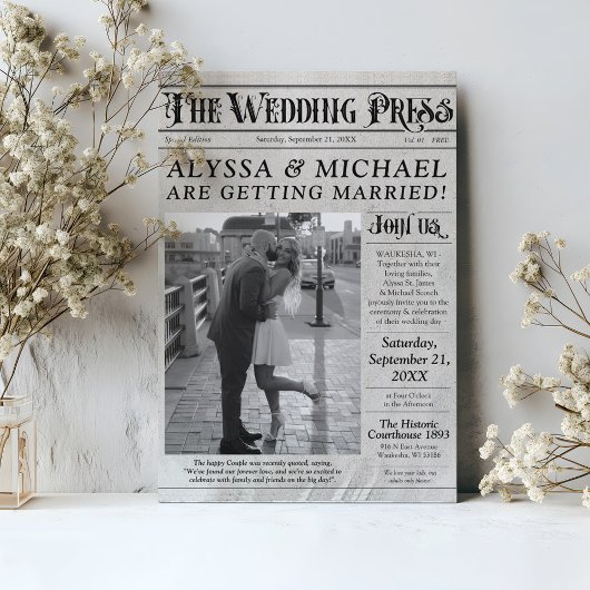  krant foto unieke huwelijksuitnodiging kaart