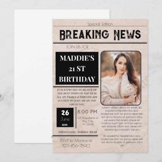 Krant GeboorteDag Uitnodiging (Voorkant / Achterkant)