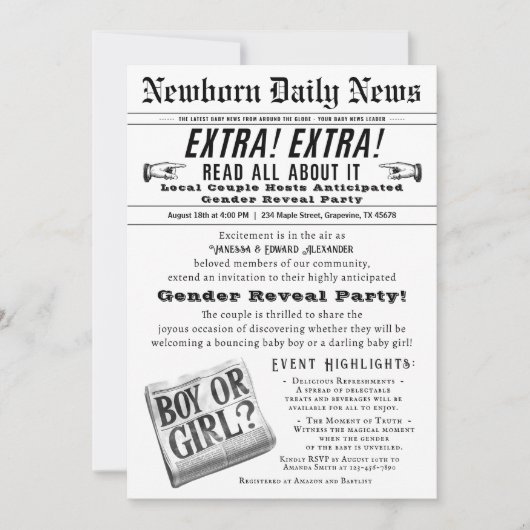 krant Gender Onthulling Party Uitnodiging (Voorkant)