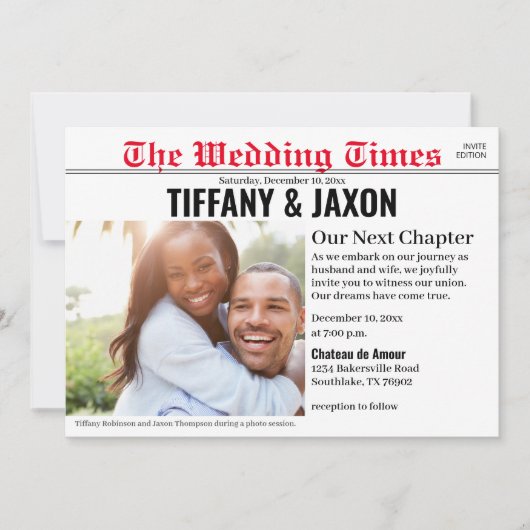 Krant Horizontale Rode Huwelijksuitnodiging Kaart (Voorkant)