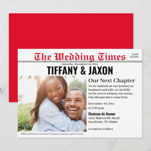 Krant Horizontale Rode Huwelijksuitnodiging Kaart (Voorkant / Achterkant)