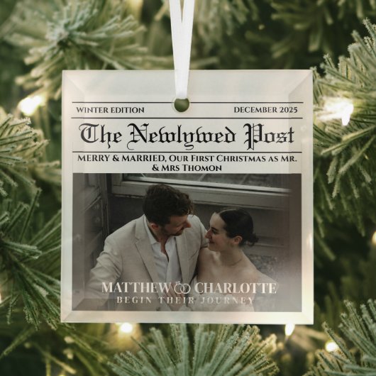 Krant Merry and Married Kerstaccenten Foto Glas Ornament (Insitu)