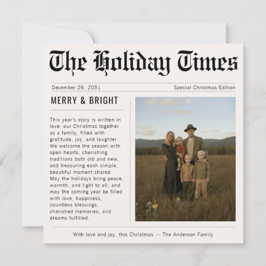 krant Merry & Bright Familiefoto Feestdagenkaart (Voorkant)