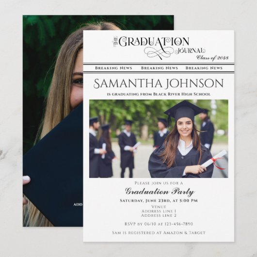 Krant Modern Script 2 Foto's Graduation Party Kaart (Voorkant / Achterkant)