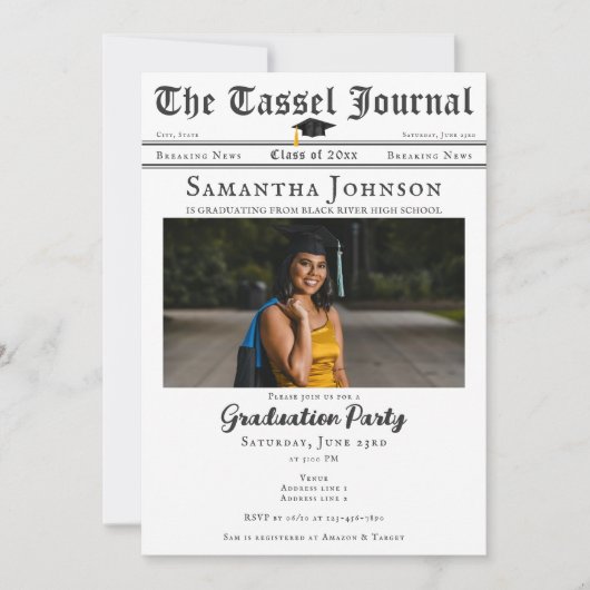 Krant Modern Tassel 2 foto's Graduation Party Kaart (Voorkant)