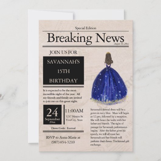 Krant Quinceañera Donkerblauw Kaart (Voorkant)