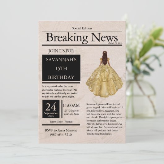  krant Quinceañera Gold Kaart (Staand voorkant)