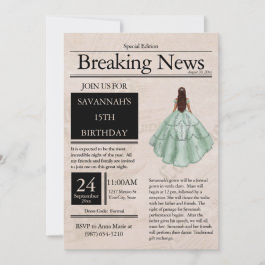  krant Quinceañera licht groen Kaart (Voorkant)