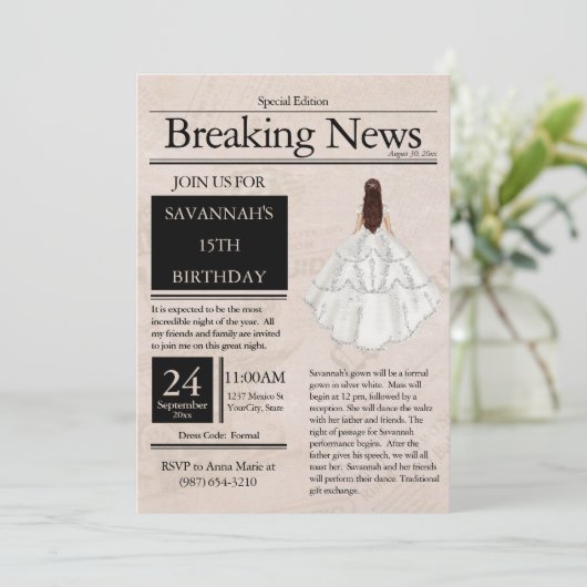 Krant Quinceañera Zilver Wit Kaart (Staand voorkant)