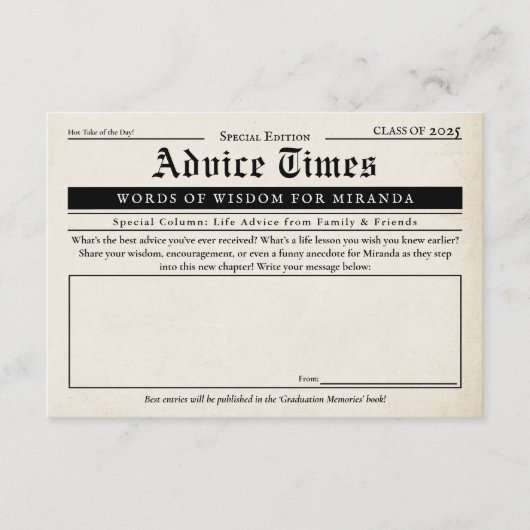  krant Retro Afstuderen Advies & wensen Informatiekaartje (Voorkant)