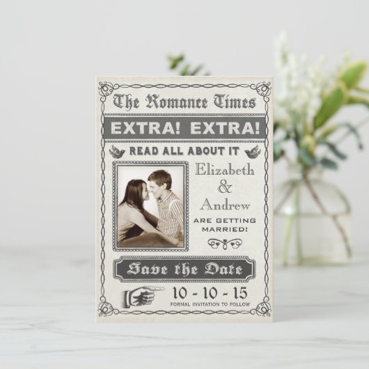 krant Save the Date Invitation (Staand voorkant)