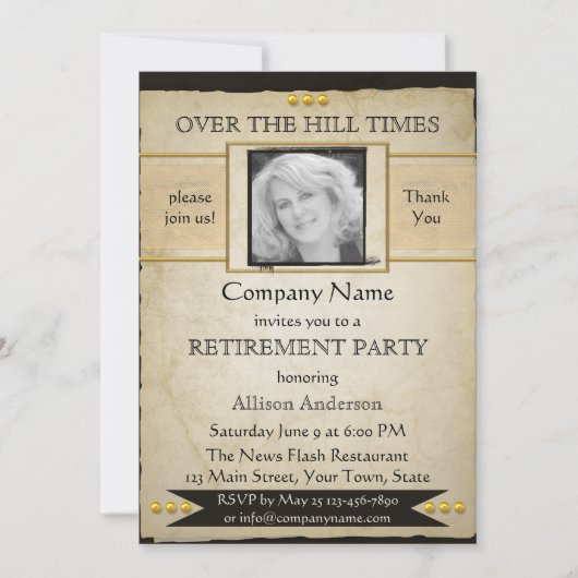  krant Style Photo Retirement Invite Kaart (Voorkant)