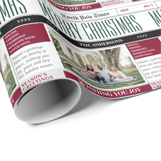 Krant-thema Kerstmis Familie Foto Cadeaupapier (Rol Hoek)