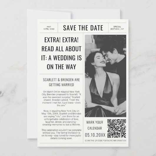 krant trouwfoto QR-code Save The Date (Voorkant)