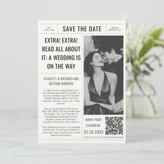  krant trouwfoto QR-code Save The Date (Staand voorkant)