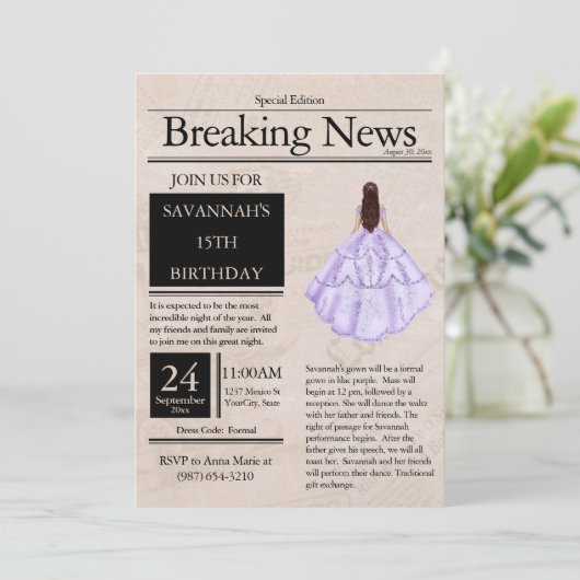 Krant uit het verleden Quinceañera lila paars Kaart (Staand voorkant)