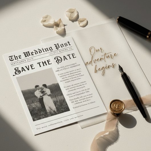 Krant uit het verleden Save the Date Huwelijksuitn Kaart