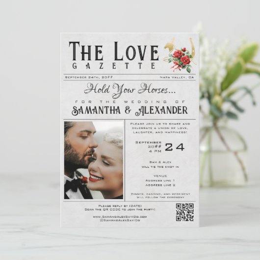 Krant Uniek Hoefijzer Rozen Bruiloft Details Kaart (Staand voorkant)