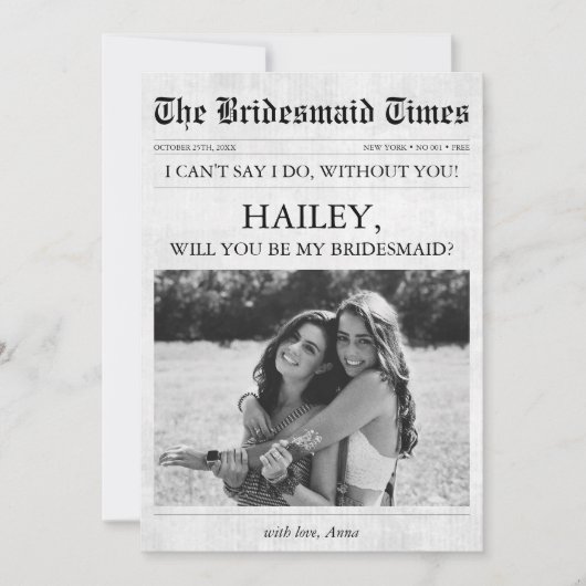 Krant Unieke bruidsmeisje voorstel Foto Kaart (Voorkant)