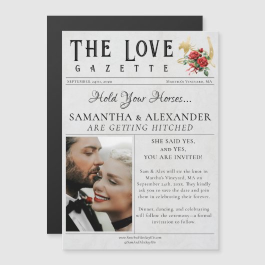 Krant Unieke Chique Foto Save the Date Bruiloft Magnetische Uitnodiging (Voorkant / Achterkant)