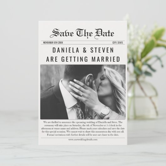 Krant unieke elegante foto bruiloft save the date (Staand voorkant)