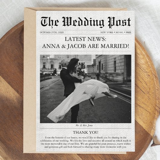 Krant unieke foto bruiloft bedankkaart
