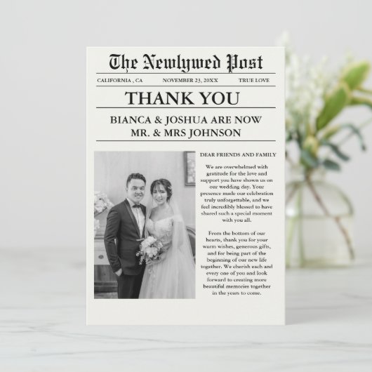 Krant unieke foto bruiloft dank u kaart (Staand voorkant)