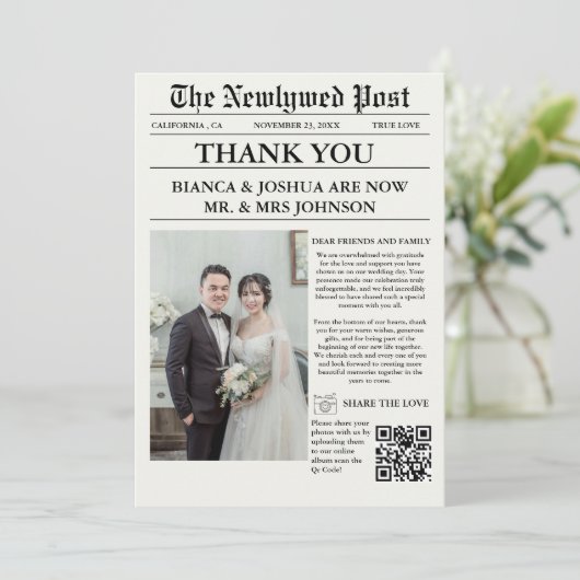 Krant unieke foto bruiloft dank u kaart (Staand voorkant)