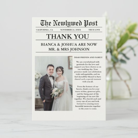 Krant unieke foto bruiloft dank u kaart (Staand voorkant)