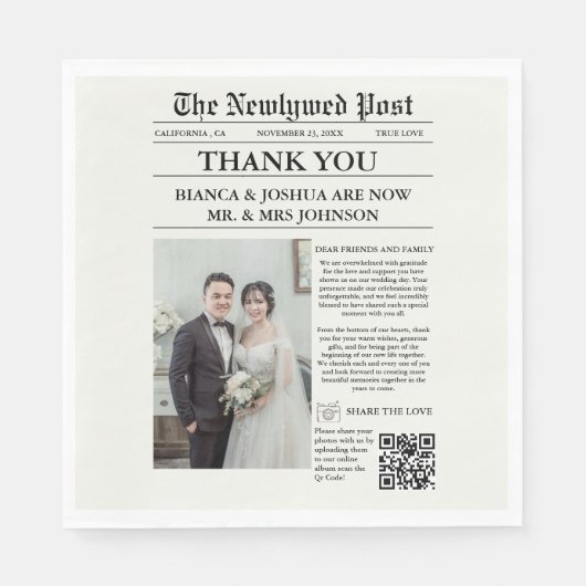 Krant unieke foto bruiloft dank u servet (Voorkant)