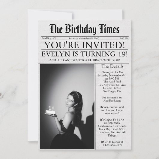 Krant Unieke Leuke Foto 19e Verjaardagsfeest Kaart (Voorkant)