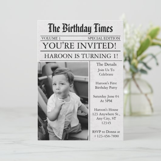 Krant Unieke Leuke Foto 1e Verjaardagsfeest Kaart (Staand voorkant)