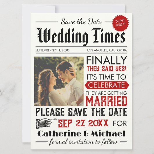  krant Unique Fun Photo Bruiloft Save The Date (Voorkant)