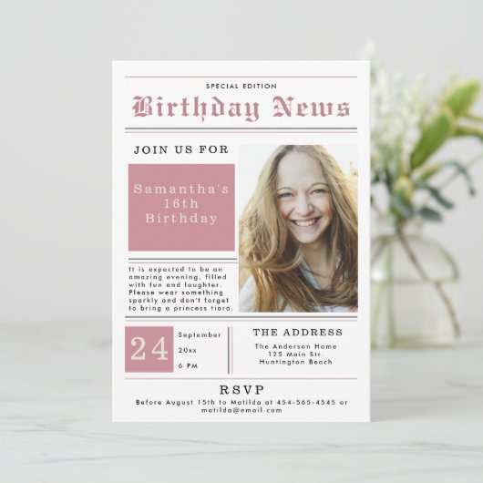 Krant Verjaardag Nieuws Roze Zwart Sweet 16 Foto Kaart (Staand voorkant)
