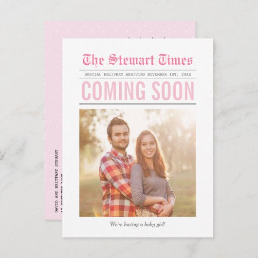 krant | Zwangerschapsaankondiging | Roze Aankondigingskaart (Voorkant / Achterkant)