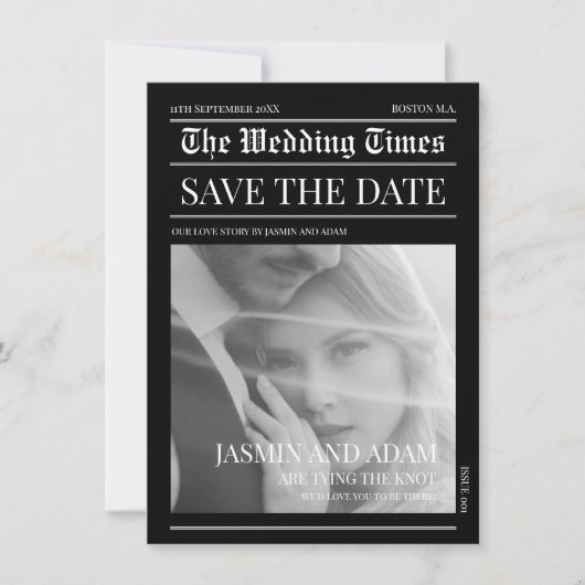 Krant Zwart Donker Mode Unieke foto bruiloft Save The Date (Voorkant)