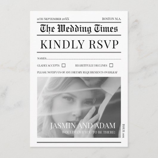 Krant Zwart Wit Unieke Foto Bruiloft RSVP Informatiekaartje (Voorkant)
