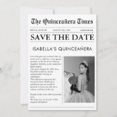 Krant zwart-wit unieke quinceanera save the date (Voorkant)