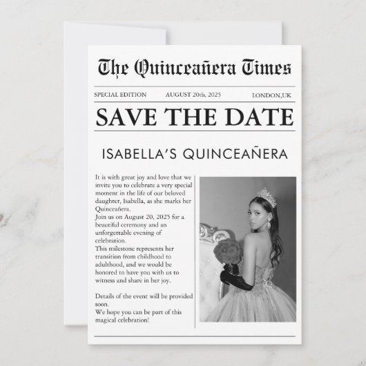 Krant zwart-wit unieke quinceanera save the date (Voorkant)