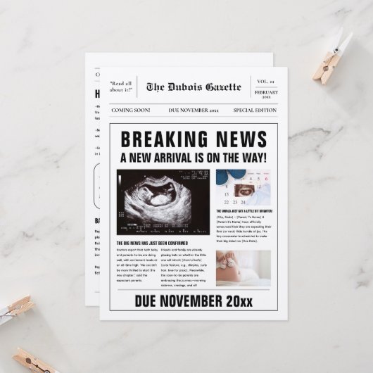 Kranten Baby onthullen zwangerschapsaankondiging Kaart (Voorkant / Achterkant in situ)