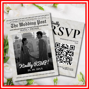 Kranten bruiloft  Elegante QR-code RSVP Kaartje