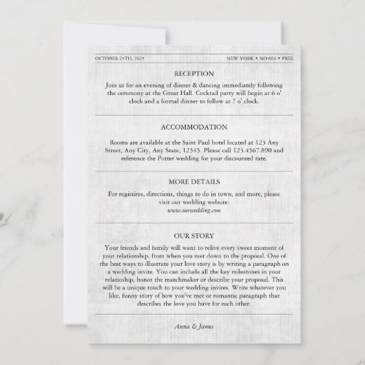 Kranten bruiloft uitnodiging details foto (Achterkant)